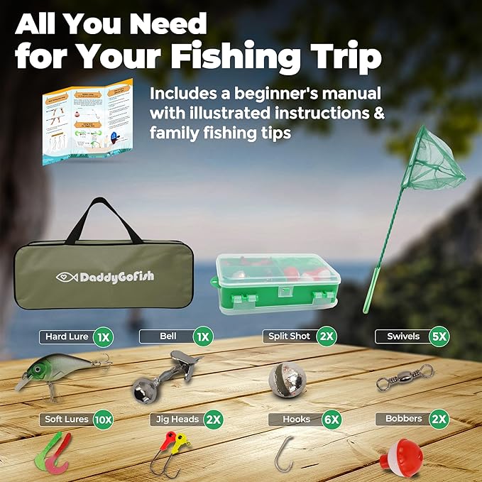 DaddyGoFish Kids Fishing Pole - Rod Reel Combo Tackle Box Starter Set - First Year Small Gear Kit for Boys Girls Toddler Youth Age Beginner Little Children-CubbioJoy