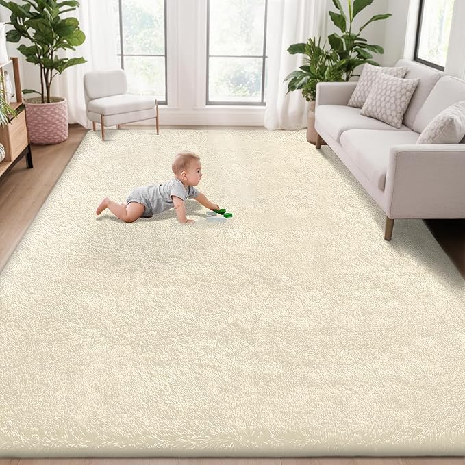 5x7 Area Rug for Living Room: Fluffy Shag Soft Washable Rugs Fuzzy Plush Indoor Carpet for Bedroom Nursery Playroom Dorm Kids Girls Boys Room (Cream White, 5'x7')-CubbioJoy