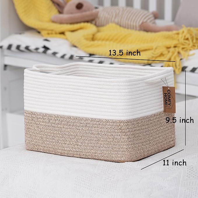 COMFY-HOMI Cotton Rope Woven Basket with Handles for Shelves,Toys,Book, Cloth Storage Baskets for Organizing-13.5" x 11" x 9.5" Toy Decorative Organizer for Living Room, Bathroom （White/Brown）-CubbioJoy