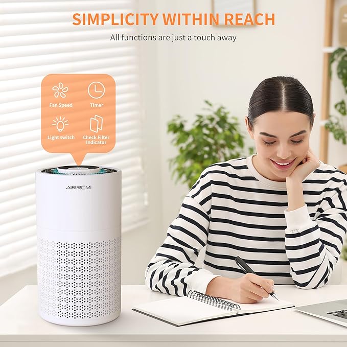 AIRROMI Air Purifier for Bedroom with HEPA 3-in-1 Filter, Pet Air Purifier for Home Cat Pee Smell, Covers Upto 990 Ft², Quiet 360° intake Air Cleaner for pet hair,allergies,Dust,Smoke A2001 White-CubbioJoy