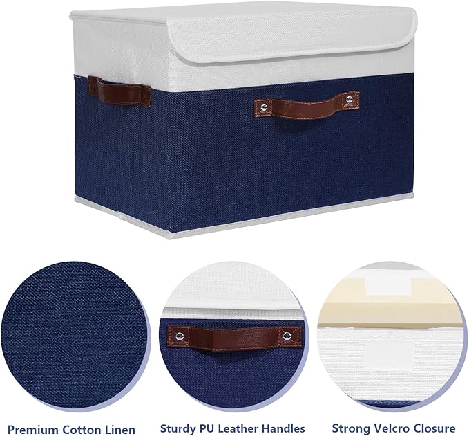 ANMINY 2PCS Storage Boxes with Lid Washable Decorative Storage Bin Basket with PU Leather Handle Foldable Linen Fabric Storage Cube Container for Home Closet Organizer - Deep Blue White, Large Size-CubbioJoy