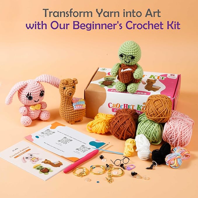 A-URA Learn to Crochet Kit for Beginners Kids and Adults, Premium 3 Animal Pattern Large Size Beginner Crochet Kits with Easy Tube Yarn & Step-by-Step Video Tutorials (Safari Friends–Larger Plushies)-CubbioJoy
