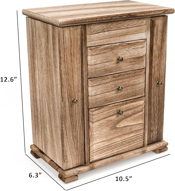 Jewelry Box for Women, Rustic Wooden Jewelry Boxes & Organizers with Mirror, 4 Layer Jewelry Organizer Box Display for Rings Earrings Necklaces Bracelets (Rustic Brown)-CubbioJoy