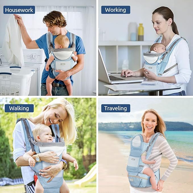 Baby Carrier with Hip Seat,Ergonomic M Position 6in1 Baby Carrier Newborn to Toddler,Head Support and Breathable Mesh Newborn Carrier,Adjustable Baby Holder Carrier for Dad&Mom-Blue-CubbioJoy