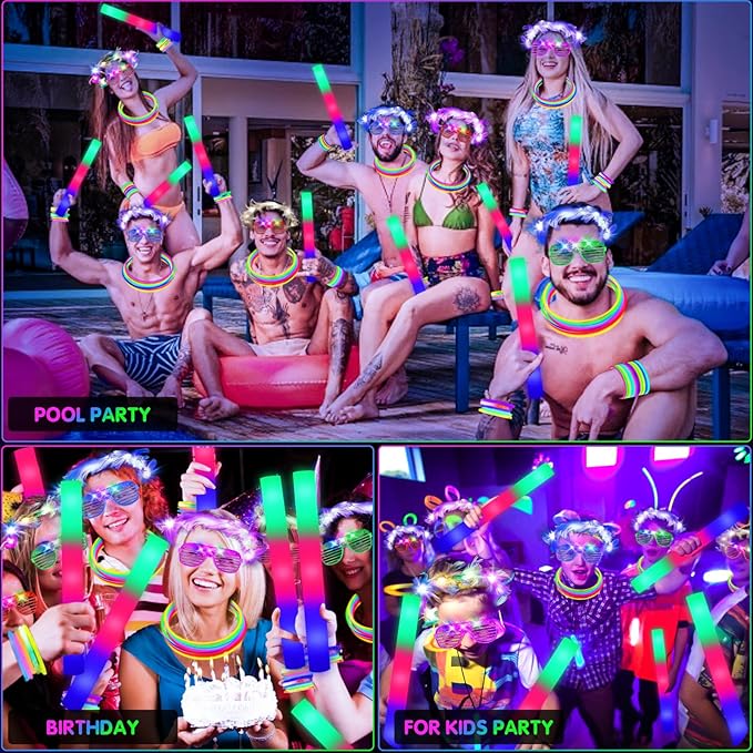 142 PCS Glow in the Dark Party Supplies, 14PCS Foam Glow Sticks, 14PCS Light Up Headband,14PCS LED Glasses and 100PCS Glow Sticks Bracelets,for Glow Party, New Year, Wedding, Concert, Birthday-CubbioJoy