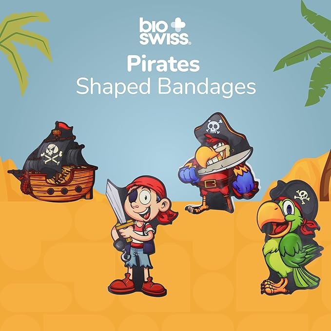 BioSwiss Bandages, Pirate Shaped Self Adhesive Bandage, Latex Free Sterile Wound Care, Fun First Aid Kit Supplies for Kids and Adults, 24 Count-CubbioJoy