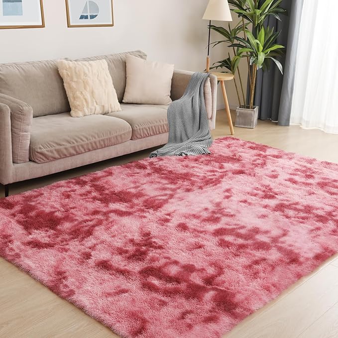 Area Rugs 9x12, Fluffy Rugs for Living Room, Ultra Soft Rugs for Bedroom, Non-Slip Indoor Carpet for Nursery, Kids Room, Playroom, Home Decor, Tie-Dyed Dark Pink-CubbioJoy