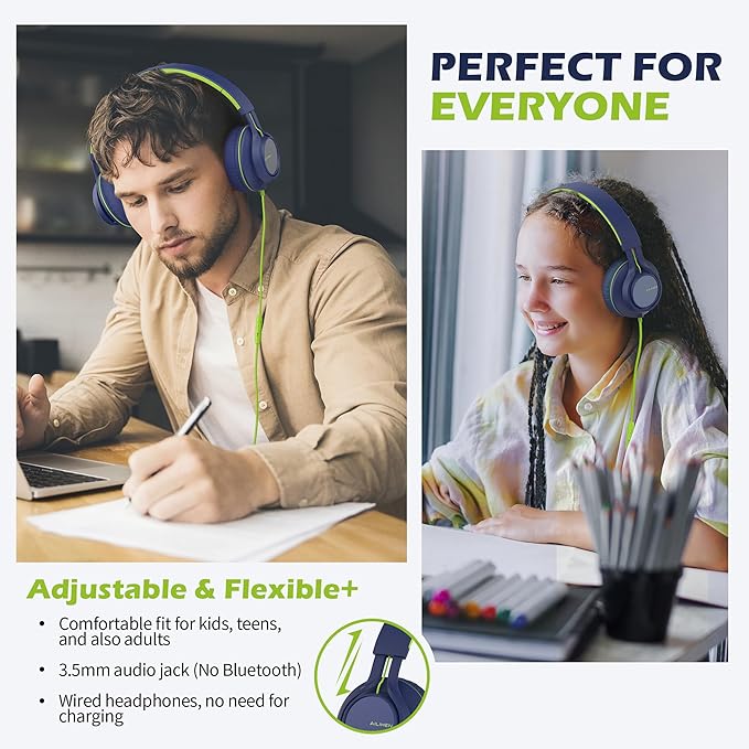 AILIHEN C8 Headphones Wired, On-Ear Headphones with Microphone and Volume Control, Corded 3.5mm Headset for Boys Girl School Smartphones Chromebook Laptop Computer Tablets Airplane Travel (Blue Green)-CubbioJoy