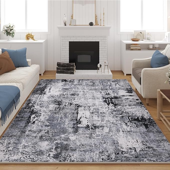 9x12 Rug Washable Boho Rug Soft Large Area Rug Non-Slip Non-Shedding Faux Wool Vintage Rug for Living Room, Farmhouse, Dining Room, Indoor, Kids Playroom, Grey and Black-CubbioJoy