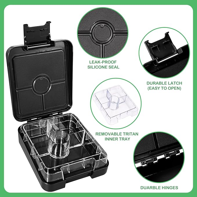 Bento Lunch Box Set With 10oz Soup Thermo, Leak-proof Lunch Containers with 4 Compartment, Kids Hot Thermo Food Jar/Insulation Lunch Bag, Food Containers for School (Black-Games)-CubbioJoy