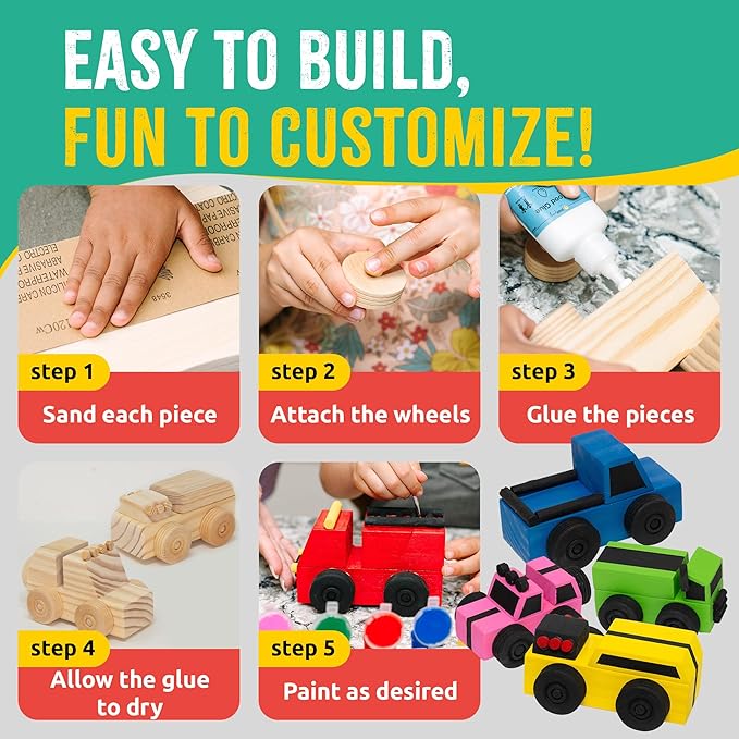 DIY Wood Building Kits, STEM Woodworking Kit for Kids, Creative Fun Craft Projects, Great Gift for Boys & Girls (Wooden Cars, 1-Pack)-CubbioJoy