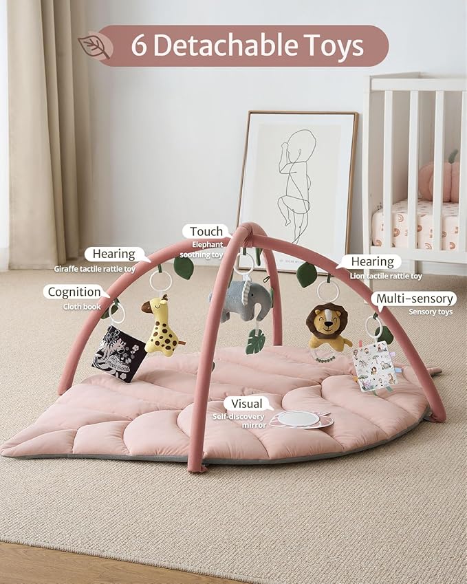 Blissful Diary Baby Play Gym & Activity Mat, Oversize Leaf Shaped Tummy Time Baby Play Mat w 6 Detachable Toys Promotes Motor Skills & Sensory Development, Newborn Infant Essentials Gift, Crystal Pink-CubbioJoy