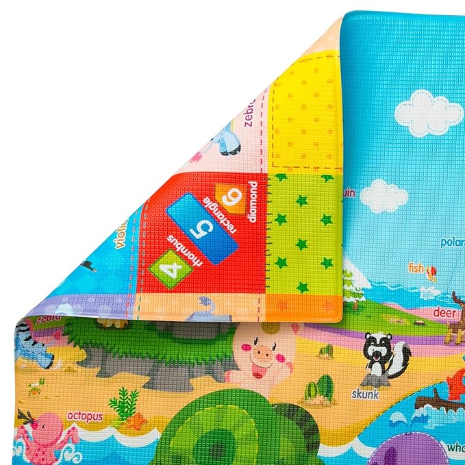Baby Care Play Mat (Medium, Playful - Pinko & Friend) 73’’ x 49’’ Original One-Piece Reversible Rollable Waterproof Play Mat for Infants, Babies, Toddler, and Kids-CubbioJoy