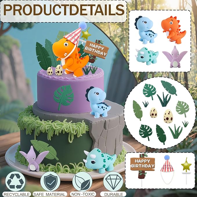 20pcs Dinosaur Cake Topper Set with Dinosaur Eggs - Reusable Dinosaur Cake Decorations，Dinosaur Birthday Decorations for Boys & Girls (Dinosaur Cupcake Toppers, Happy Birthday Cake Accessories)-CubbioJoy
