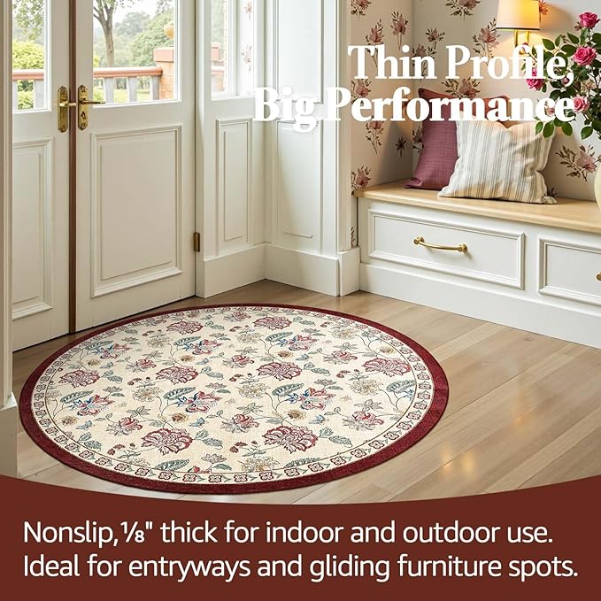 jinchan 4ft Floral Round Rug for Entryway Washable Kitchen Rug Vintage Romance Design Non Slip Indoor Doormat Lightweight Low-Profile Throw Carpet for Living Room Dining Room Bedroom, Red/Beige-CubbioJoy