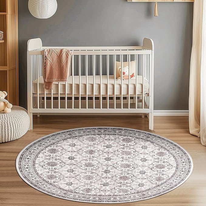 jinchan Round Rug 5ft Washable Circle Soft Rug - Low Pile Vintage 5'Round Indoor Beige Floral Print Stain Resistant Boho Carpet Ultra-Thin Non-Slip for Entryway Nursery Bedroom Dining Room Kitchen-CubbioJoy