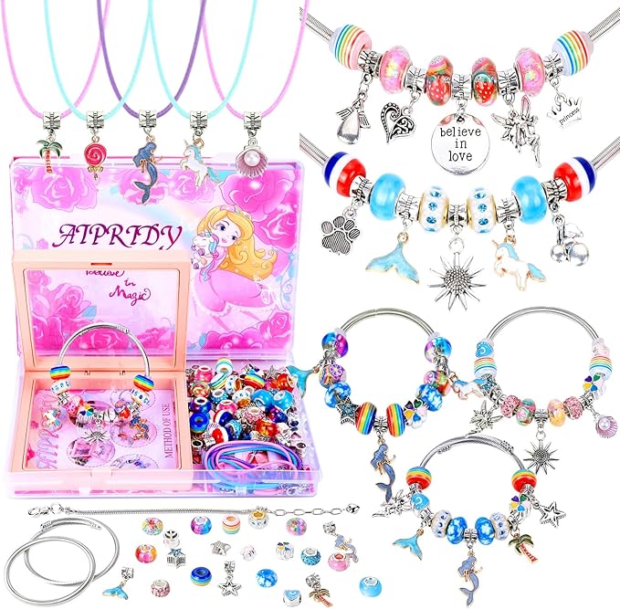 AIPRIDY Charm Bracelet Making Kit,Unicorn Mermaid Crafts Gifts Set Can Inspires Imagination and Creativity,Jewelry Making Kit Perfect Gifts for Girls 5-12 Years Old (72 Pieces Rose)-CubbioJoy