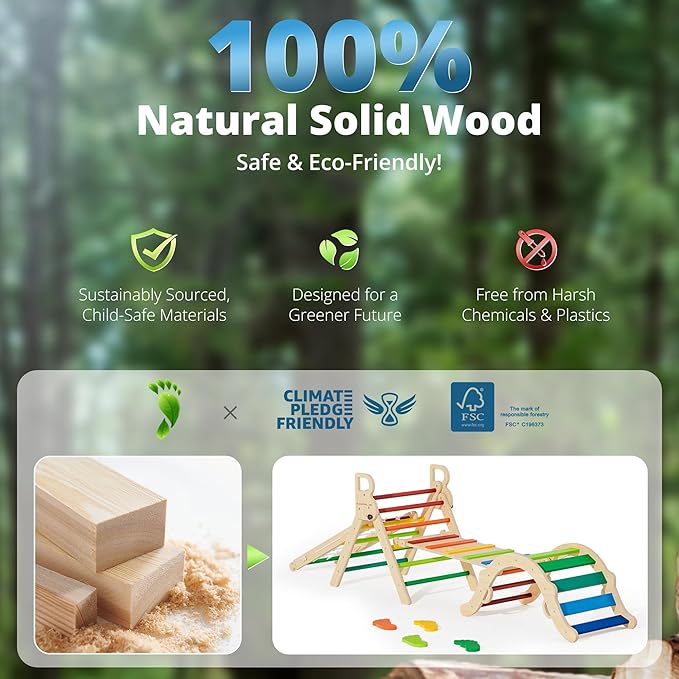 BlueWood 10-in-1 Pikler Triangle Set, Toddler Climbing Toys Indoor, Montessori Climber, Baby Jungle Gyms with Arch, Extra Rope Ladder & Footprint Balance Beam - Neon Aurora-CubbioJoy