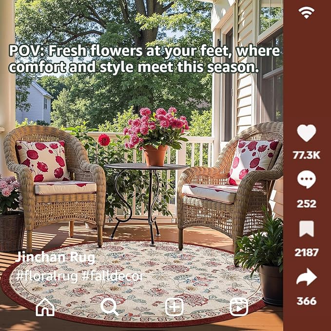 jinchan 8ft Floral Round Rug for Dining Room Washable Living Room Rug Vintage Romance Design Non Slip Indoor Floor Cover Lightweight Low-Profile Throw Carpet for Bedroom Porch Patio, Red/Beige-CubbioJoy