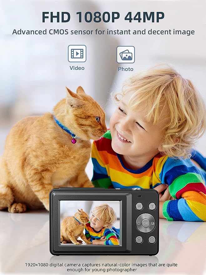 Digital Camera, Camkory FHD 1080P Kids Camera 44MP Point and Shoot Digital Cameras with 32GB SD Card, 16X Zoom, Two Batteries, Lanyard, Compact Small Camera for Kids Boys Girls-CubbioJoy