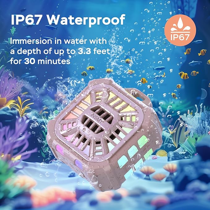 INSMY IP67 Waterproof Bluetooth Speaker, Shower Speaker Portable Small Clip-on, Multi Sync 100+ Speakers, Big Volume Booming Bass, 24H Playtime/Floatable/RGB Lights for Outdoor/Kayak/Beach(Pink)-CubbioJoy