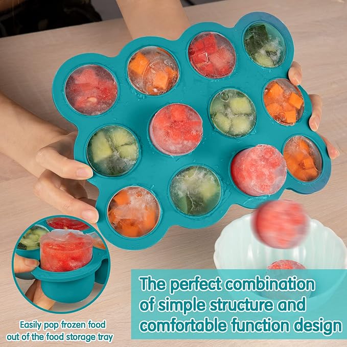 Baby Food Storage 12 x 1.5OZ Silicone Freezer Tray with Lid, Food Grade Silicone Containers for Purees & Vegetables Teal Blue-CubbioJoy