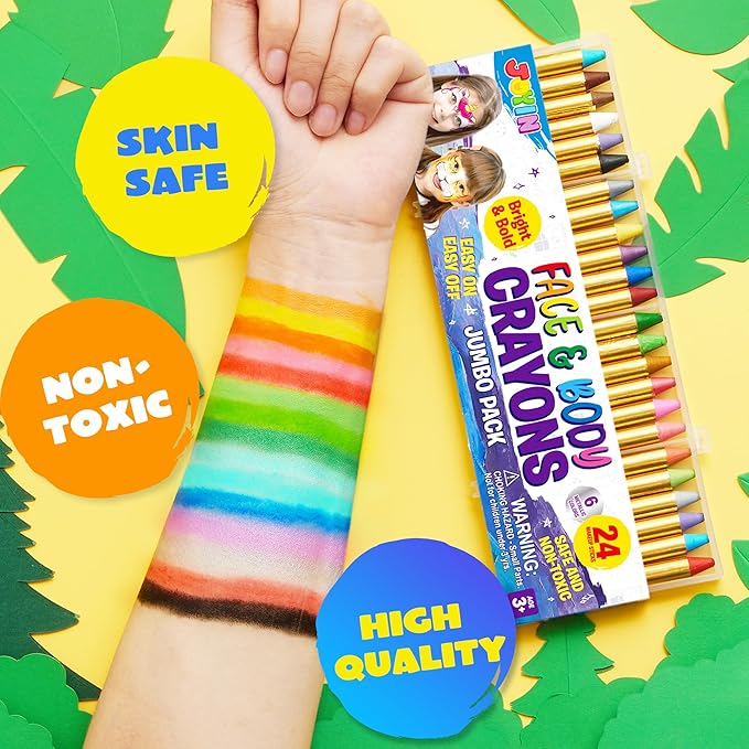 JOYIN 24 Colors Face Paint Safe & Non-Toxic Face and Body Crayons (Large Size 3 inch) Ultimate Party Pack Including 6 Metallic Colors for Birthday Toy Makeup Party Suppiles, Gifts for Kids Girls Boys-CubbioJoy
