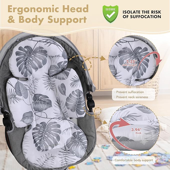 Infant Car Seat Insert, 2-in-1 Head & Body Carseat Support for Baby Newborn Toddler with Strap Covers, Reversible Ultra-Soft Cushion for Baby Carseat, Stroller, Swing & Bouncer-CubbioJoy