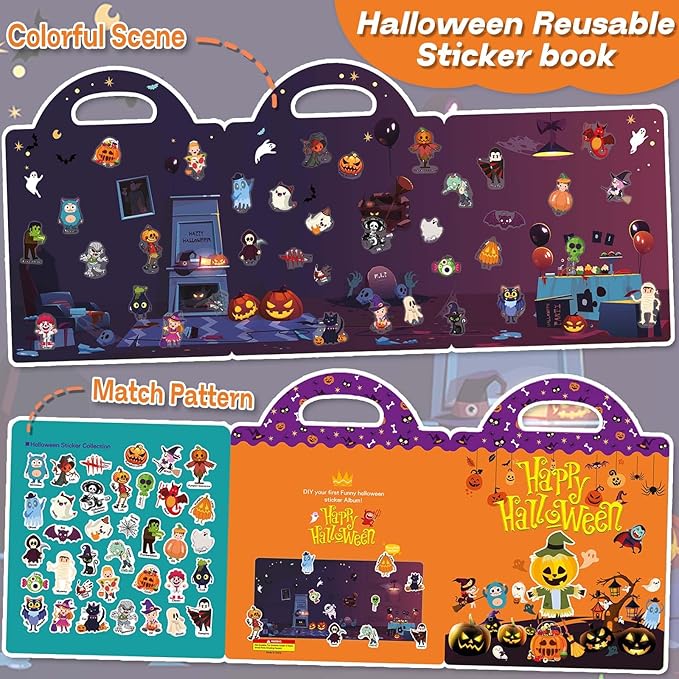 2 Set Halloween Reusable Sticker Books for Toddlers 3+, Halloween Stickers for Kids, Sticker Book for Toddlers 3+ Years, Halloweens Gifts for Kids Girls Boys-CubbioJoy
