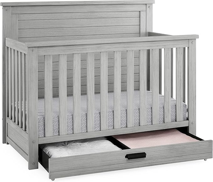 Delta Children Simmons Kids Caden 6-in-1 Convertible Crib with Trundle Drawer, Greenguard Gold Certified, Rustic Mist-CubbioJoy