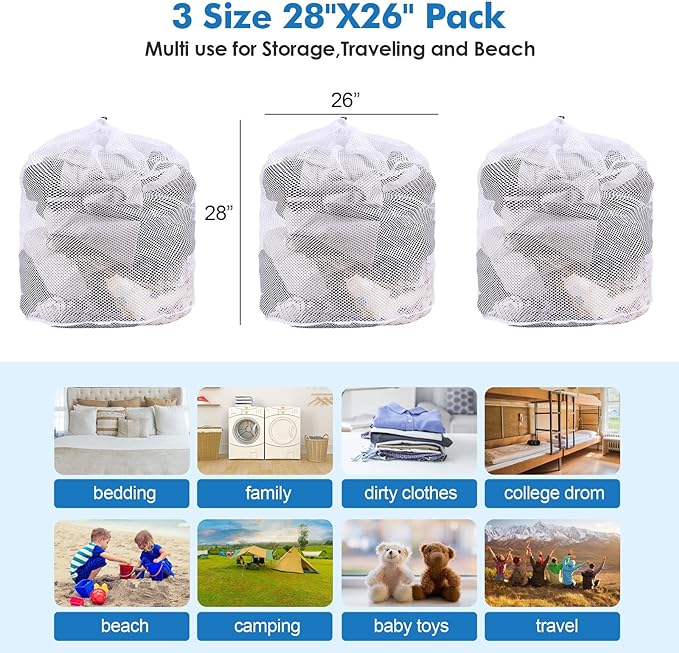 3Pcs Mesh Laundry Bags Washing Machine Mesh Wash Bags Jumbo for Delicates Clothes,Bed Linen,Toys with Drawstring Closure Sturdy(3 XXLarge 28 x 26 Inches)-CubbioJoy