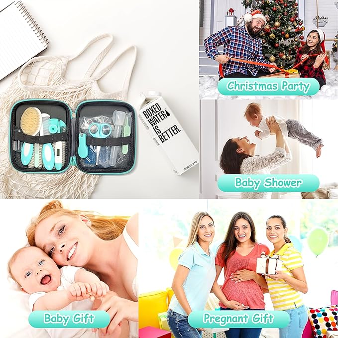 Baby Healthcare and Grooming Kit, 21 in 1 Portable Baby Essentials Kit with Gas Relief Hair Brush Comb Nasal Aspirator for Newborn Boys Girls (21 Kits-Green)-CubbioJoy