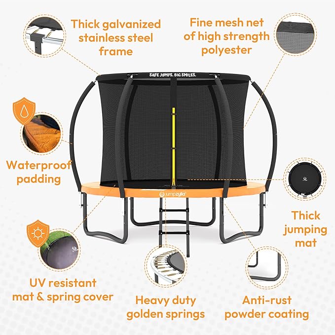 JUMPZYLLA Trampoline Outdoor 8FT 10FT 12FT 14FT 15FT 16FT with Enclosure and Ladder, ASTM Approved Recreational Trampoline for Kids and Adults, Anti-Rust Coated Frame-CubbioJoy