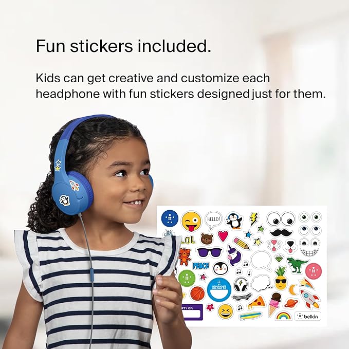 Belkin SoundForm Mini Kids Wired Headphones with Built-in Microphone & Fun Stickers, 85dB Safe Volume Limit – for Online Learning, Travel, Compatible w/iPhone 15, iPad, Galaxy S23, & More - Blue-CubbioJoy