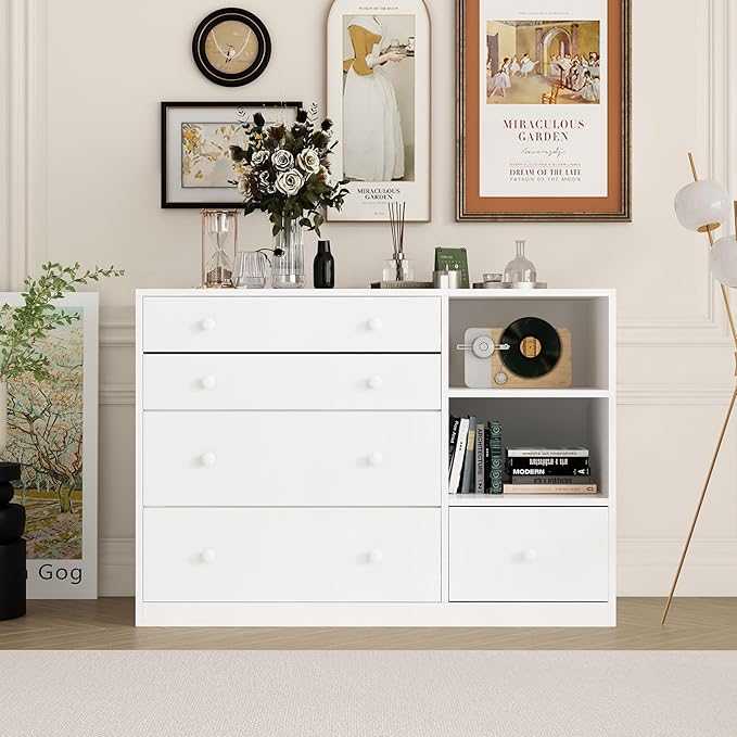 Changing Table Dresser, Baby Classic Nursery Dresser with 5 Drawers and 2 Shelves, Multi-Functional Baby Changing Table, Diaper Changing Station for Children's Room, White-CubbioJoy