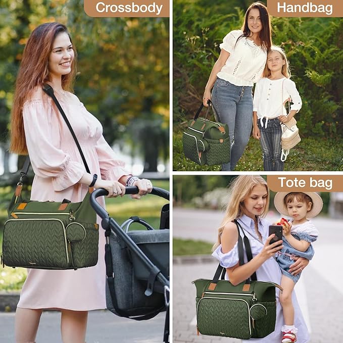 Diaper Bag Tote, Large Baby Diaper Bags Waterproof, Hospital Bag for Labor Delivery with Pacifier Case, Changing Pad, Shoulder Strap, Dark Green-CubbioJoy