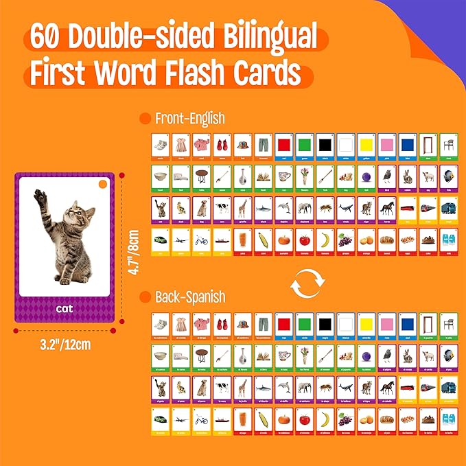 60 English Spanish Flash Cards, Double-Sided Nouns Cards Bilingual Sight Words - Animals, Colors, Food, Vehicles Cards, Language Vocabulary Learning Tool for Beginners 5+ with 2 Reclosable Rings-CubbioJoy