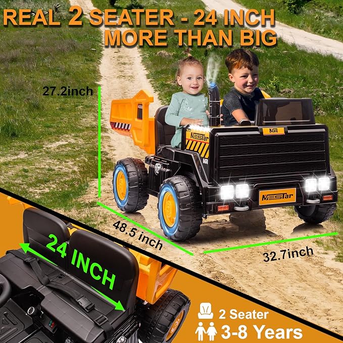 24V Ride On Dump Truck, 24inch-2 Seater Ride On Car for Kids w/Remote Control 4WD/2WD Up to 5 Mph, 24v Ride on Toys for Big Kids w/Electric Dump Bed Extra Shovel Traffic Cones (Yellow)-CubbioJoy