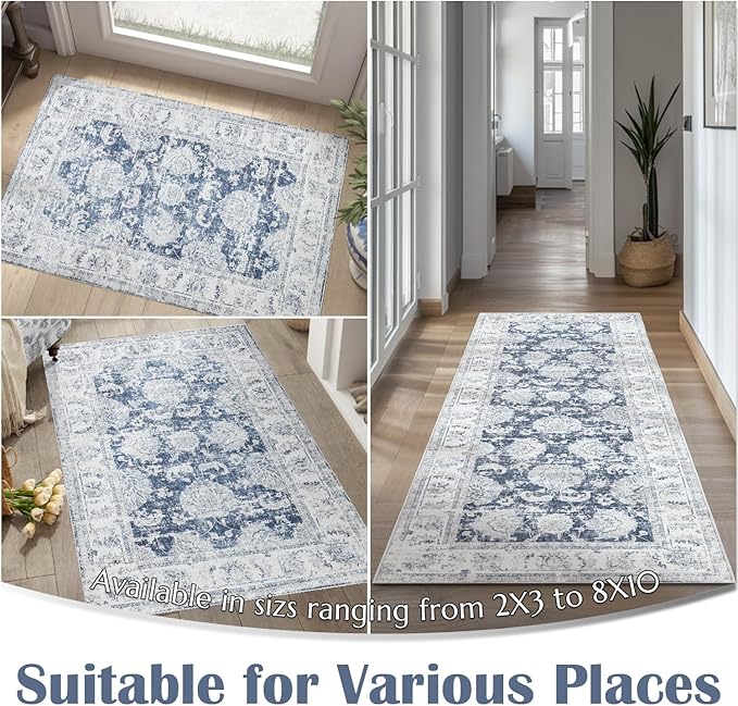 jinchan Runner Rug 2x6 Washable Hallway Runner - Vintage Floral Non Slip Low-Pile Soft Thin Kitchen Rug Distressed Carpet for Farmhouse Bedroom Entryway Laundry Room(2x6ft,Dark Blue)-CubbioJoy