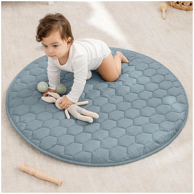Comfy Cubs Round Kids Play Mat -Small 36 inches Soft Quilted Baby Floor Mat with Non-Slip Bottom - Plush Design for Toddlers' Playtime and Relaxation - Comfortable and Durable - Pacific Blue-CubbioJoy