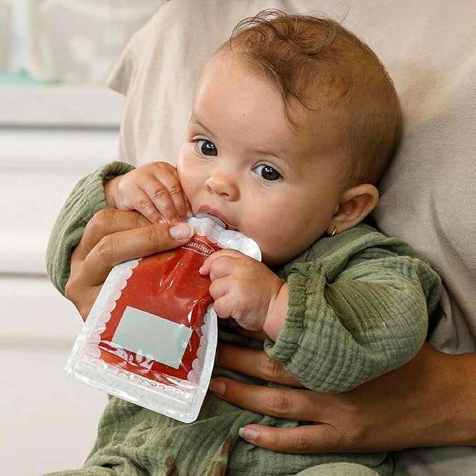 Infantino Reusable Squeeze Pouches for Homemade Baby Food, 3.5 oz, Pack of 25 - BPA, PVC, and Phthalate-Free, Freezer-Safe, with Clear Window and Labeling Space-CubbioJoy