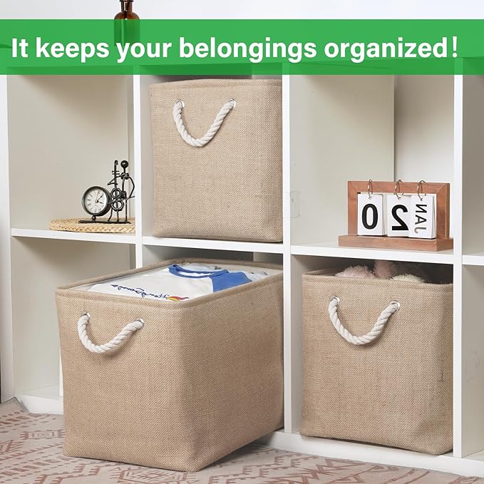 Bidtakay Fabric Storage Baskets for Shelves 3 Pack Large Storage Bins for Organizing Linen Collapsible Organizer for Closet-Flaxen-CubbioJoy