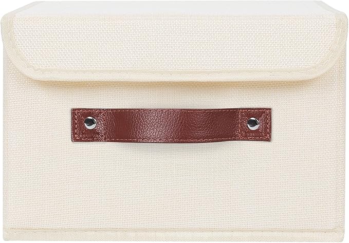 ANMINY Storage Bin with Lid Storage Boxes with PU Leather Handles PP Plastic Board Decorative Foldable Lidded Cotton Linen Fabric Home Cubes Baskets Closet Organizer Container - Beige, Small Size-CubbioJoy