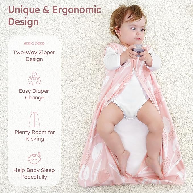 Baby Sleep Sack 12-18 Months 3 Pack 100% Cotton Lightweight 0.5 TOG Wearable Blanket Baby Sleep Bag with 2-Way Zipper for Newborn Infant Pink Flowers & Leaf-CubbioJoy