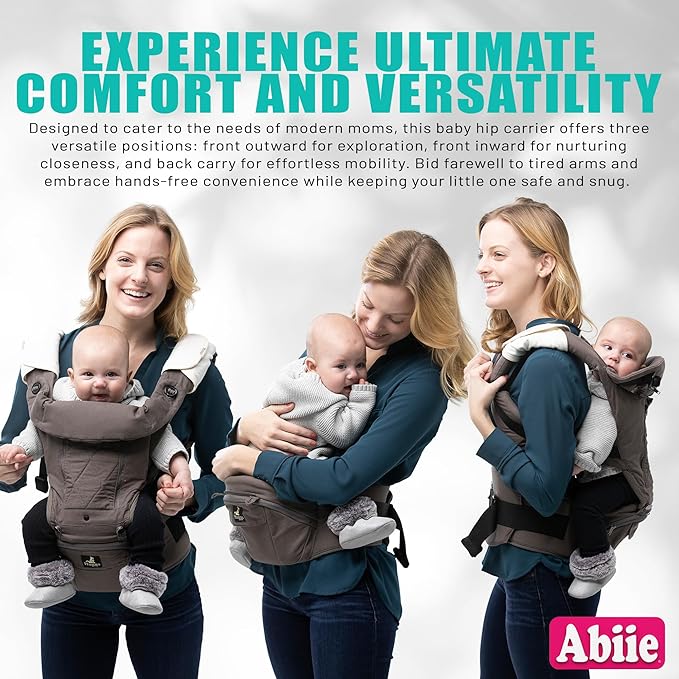 Abiie HUGGS 3-in-1 Baby Carrier w/Hip Seat - Front Facing, Hip Hugger, Back Baby Carrier - Healthy Sitting (M) Position, 3 Mos.-Toddler - Buckle Type Closure - Approved by US Safety Standards - Gray-CubbioJoy