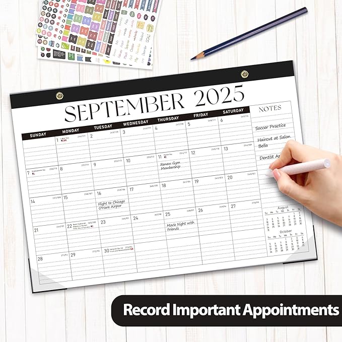 Desk Calendar 2025-2026, Monthly Desktop Large Calendar Runs Until December 2026 17" x 12" Desk Wall Planner for Family Office Teacher School, Black-White-CubbioJoy