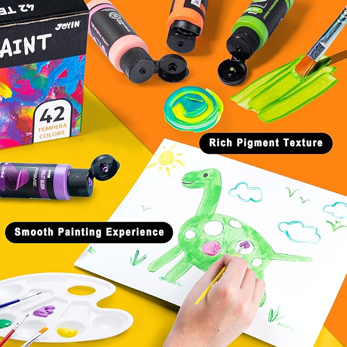 JOYIN Washable Tempera Paint Set for Kids 42PCS, Non Toxic Liquid Paint with 15 Brushes and 4 Palettes - Art Supply for Kids for Arts and Crafts Project, Finger Painting (2 oz Each)-CubbioJoy