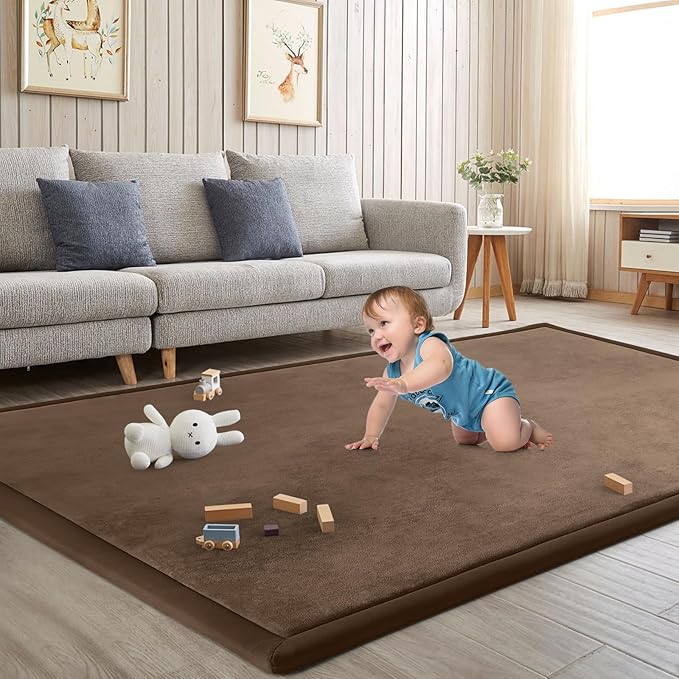 Baby Play Mat for Floor Tummy Time Mat Nursery Muscle Area Playroom Rug Tatami 79"x138" Memory Foam 1.3" Thick Crawling For Babies,Toddlers, Infants, Kids,Floor,Coffee-CubbioJoy