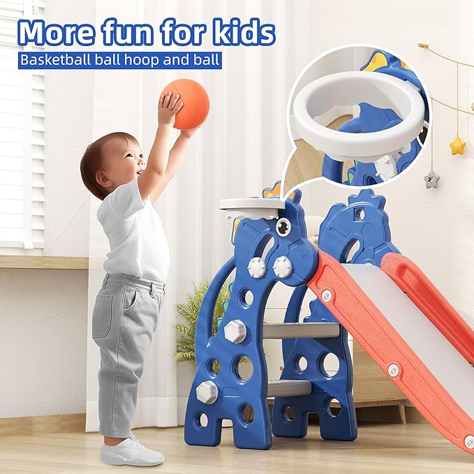 67i Toddler Slide for Indoor & Outdoor Play with Basketball Hoop, Anti-Slip Steps, 46.8in Baby Climber (Blue)-CubbioJoy