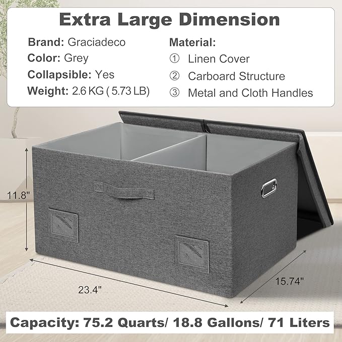 75 Quarts Extra Large Decorative Storage Bins with Lids, 3 Packs Gray Collapsible Storage Bins with Lids, Stackable Storage Bins Decorative Box Storage With Lid Extra Large-CubbioJoy